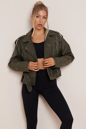 KATCH ME Khaki Zipper Belt Decor PU Biker Jacket Coat